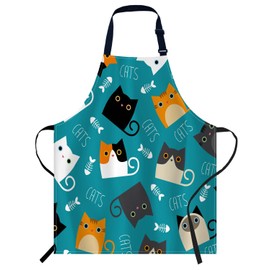 Smooffly Cute Cats with Fish Bone Apron,Adjustable Neck Bib Apron for Men Women,Suitable for Kitchen Cooking Waitress Chef Apron