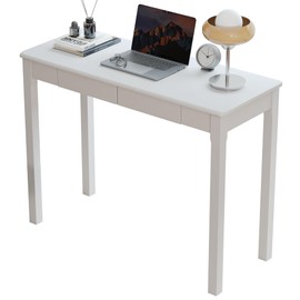 ENPKLUTE Solid Wood Desk with Drawers - 39 x 16 Inch Narrow Desks, Mid Century Modern Desks, Rubber Wood Study Table, Small Writing Desk for Small Spaces|Bedroom - White