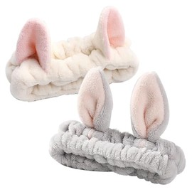 Paquete de 2 diademas elsticas de maquillaje, diademas de orejas de conejogato, forro polar coral para lavar la cara, bonita diadema para el cuidado  
