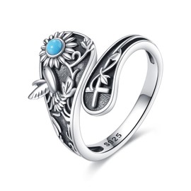 Grmdit Hummingbird Spoon Ring Sterling Silver Vintage Adjustable Antique Spoon Rings Thumb Ring for Women Hummingbird Flower Jewelry Gifts