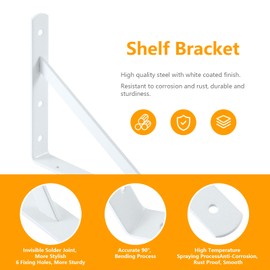 Heavy Duty Shelf Brackets 12 x 8 inches, Metal Shelves Supports, Load Capacity: 600 lb, 90 Degree Wall Mounted Angle L Floating Shelf Bracket with Screws,White 6 Pack HOME MASTER HARDWARE