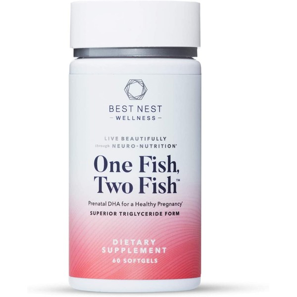 One Fish Two Fish Prenatal DHA, Superior Triglyceride Omega 3 Fish Oil Supplements, Support Baby's Brain and Eye Development, Easy to Swallow, Lemon Flavored, 60 Ct, Best Nest Wellness