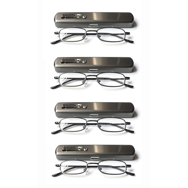 Portable Reading Glasses EYE ZOOM 4 Pack Slim Thin Readers with Pocket Aluminium Case for Men and Women, Gunmetal, 2.00