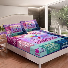 Homemissing Gymnastics Fitted Sheet Kids Girls Gymnastics Bedding Set for Boys Bed Sheet Set Gifts for Gymnasts Lovers Purple Bed Cover Deep Pocket Decor Single