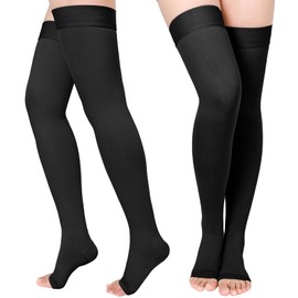2 Pairs Compression Stockings for Women & Men, Thigh High Length 15-20mmHg Graduated Compression Socks for Nursing Sports Varicose Veins, Dot Top, Open Toe, Black,3XL