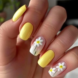 24pcs Spring Press On Nails Short Square Flower Fake Nails Summer Yellow Cute False Nails Glossy Stick on Nails Acrylic Nails with Flowers Designs Glue on Nails for Women Girls Manicure Decoration