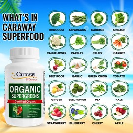 Organic Superfoods Vitamins Super Greens Complex by Caraway Vitamins 1,350 mg per Serving 28 Fruits Vegetables Greens 60 Count Tablets Non-GMO Natural for Men & Women