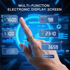 AMOVAN Smart Ring with LED Display Screen Health Tracker and Touch Button, Bluetooth Connection Health Monitor Tracks Heart Rate/Blood Oxygen/Sleep/Sports Activities, IP68 Waterproof (Black, 12#)