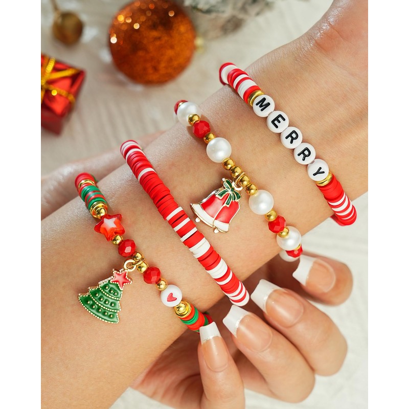 jollone 5 Pack Christmas Bracelets Women Clay Bead Bracelet Xmas