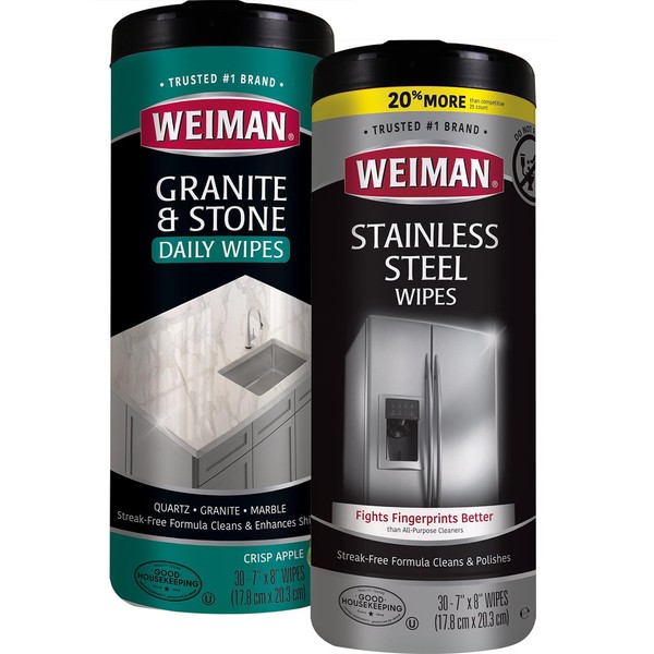 Weiman Stainless Steel Wipes and Granite Wipes (30 Count Each) - Keep Appliances Shining Bright and Protect Countertops with the pH Neutral Formula