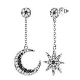 Aurora Tears Moon Star Necklace Earrings 925 Sterling Silver Crescent Moon Star Pendant Stud Earrings with Zirconia Jewellery Gift for Women and Girls, Sterling Silver