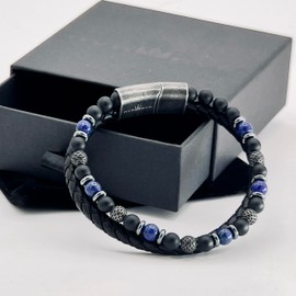 NVR GVN Mens Black Onyx and Leather Bracelets for Men Bracelet Stack (8.5, Lapis Midnight Combo)