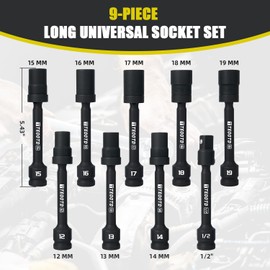 TEOOTD 1/2" Drive Swivel Socket Set, 5 Inch Long Swivel Socket Set, 9 PCS Universal Impact Extension Socket, 12-19mm, Wobble Socket with Universal Impact Joint, 6-Point,Metric,Cr-Mo