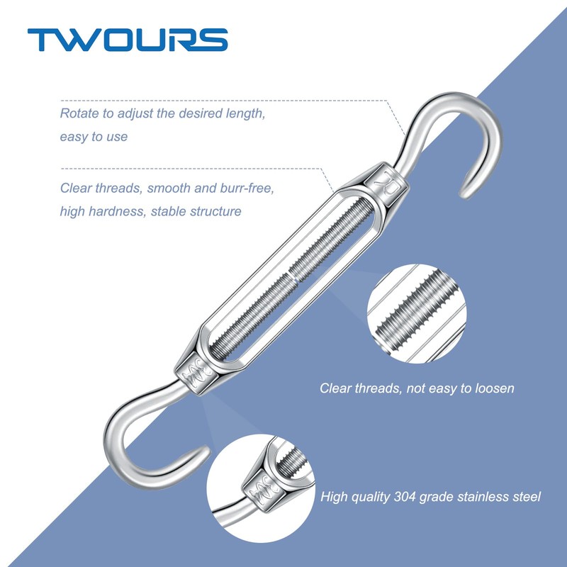 Hook & Hook Turnbuckles Twours 304 Stainless Steel Heavy Duty