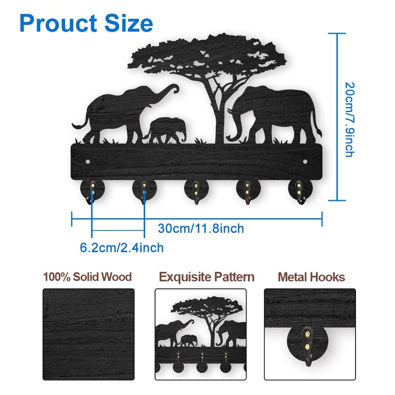 MAYJOYDIY Elephant Tree Key Holder for Wall Wood Wildlife Key