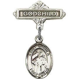 Sterling Silver Baby Badge with St. Ursula Charm and Godchild Badge Pin 1 X 5/8 inches