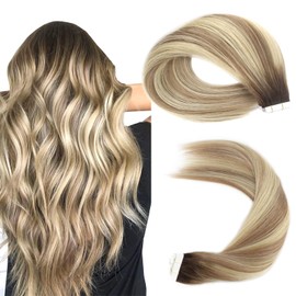 Sassina 55 cm Real Hair Extensions Tape-In Real Hair from Brown Root to Blonde Skin Weft Tape in Real Hair Extensions Double-Sided 20 Pieces 50 g