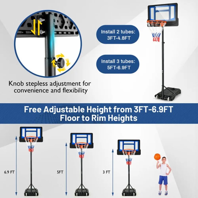 Adjustable Height Portable Basketball Hoop with Wheels 4.3-8.2 Feet Court