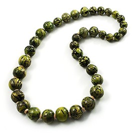 Animal Print Wooden Bead Necklace (Grass Green & Black) - 76cm L