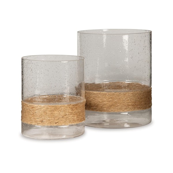 Signature Design by Ashley Eudocia Coastal 2 Piece Glass Candle Holder Set with Rope Base, Clear