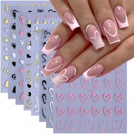 8Sheets Valentine's Day Nail Stickers for Nail Art Heart Nail Decals Red Black White Silver Gold Heart Love Nail Design Stickers Holiday Heart Nail Art Stickers for Women and Girls Nail DIY Manicure