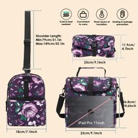 PBRO Double Deck Insulated Lunch Bag for Women,Large Reusable Lunch Box with Adjustable Shoulder Belt and Side Pockets,Cute Floral Leakproof Lunch Tote Cooler Bag for Adult Picnic,Working -Dark Purple