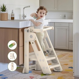 Hoopyosms Foldable Toddler Tower Kitchen Step Stool for Sink Kids Adjustable Height Learning Tower for Children Montessori Learning Helper with Handles for Bathroom