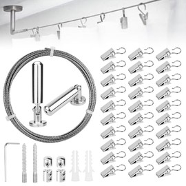 Huucozn 5m Wandhalterung Set mit 30 Stück Metall Clips Haken Einstellbar Stahlseil Gardinenseil Edelstahl Vorhangdraht Gardine Stahlseil für Vorhang Wäscheleine Spanndraht Foto-Draht Duschvorhänge