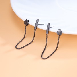 Reffeer 925 Sterling Silver Stud Earrings Minimalist Bar Earrings with Chain Dangle Earrings For Women (B-VBlack-6cm)