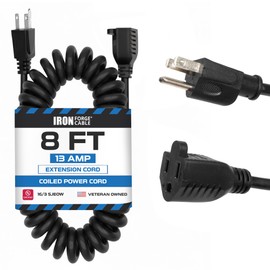 Iron Forge Cable SJEOW Black Outdoor Coiled Extension Cord 8 ft, 16/3, 13 Amp Oil Resistant & Flame Retardant 3 Prong Coiled Wire for Outdoor & Indoor