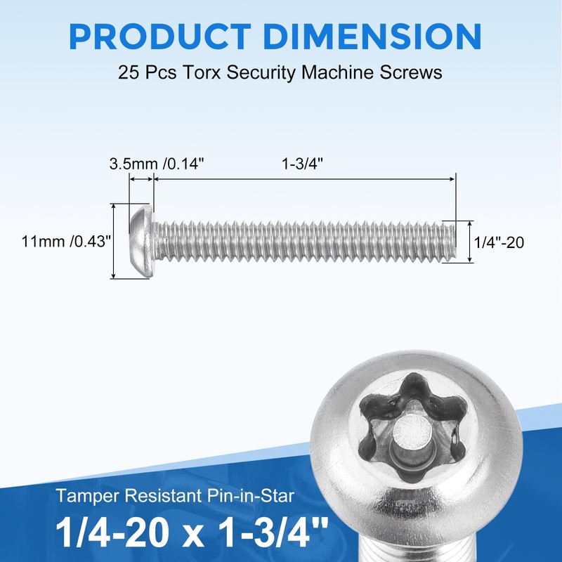 sourcing map 25Pcs Torx Security Machine Screws, 1/4-20 x 1-3/4"