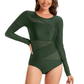NESY Women Long Sleeve Swimsuits Tummy Control One Piece Swimwear V Neck Zipper Bathing Suit UV Protection, Sy567013-017, Small