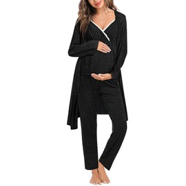 SWOMOG Maternity Nursing Robe Set 3 Piece Breastfeeding Pajamas 3 in 1 Labor Delivery Sleevless Tops&Long Pants Pregnancy Pjs Black Grey