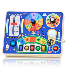 JoyCat Busy Board with Led Light, Toddler Toys for 1 2 3 4 Year Old Boys and Girls, Wooden Sensory Toys with Music, Travel Toy for Toddlers 1-3, Birthday Presents (Blue)