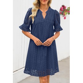 MEROKEETY Women's 2025 Summer Short Sleeve Mini Dress V Neck Ruffle Hollow Out Eyelet Lace Dresses, Navy, Medium