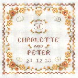 Lifetime Samplers & Decorative Textiles Heart Golden Anniversary Sampler with Gold Heart Charm for a 50th Wedding Anniversary - Complete Cross Stitch kit on 14 aida