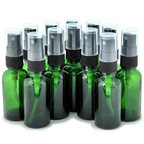 Vivaplex, 12, Green, 1 oz Glass Bottles, with Black Fine Mist Sprayers