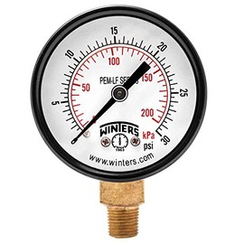 Winters 2 inch Dial Size, Economy Utility Dry Pressure Gauge, Potable Brass Internals, Steel Case, Dual Scale 0-30 psi/kPa, 3-2-3% Accuracy, 1/8 inch NPT Bottom Mount, Drinking Water Pressure Gauge