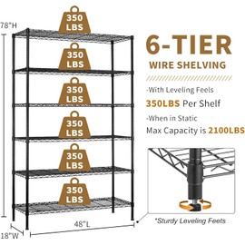 Lynkloft Storage Shelves with Wheels 6 Tier Wire Shelving Adjustable Metal Shelving Unit Heavy Duty NSF Shelf Capacity 2100lbs for Garage Racks, Kitchen, Closet, Commercial (48"x18"x82", Black)