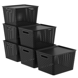 Innouse Plastic Organizing Baskets with Lids, Black Woven Storage Baskets, Set of 6