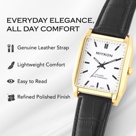 Miykon Vintage Watches for Men - Tank Square Gold Analog Watch with Black Genuine Leather Wrist Strap for Classic Dress - Ion Polished, Scratch Resistant Glass, Japanese Quartz, Waterproof to 100ft