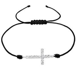 Katy Craig Cross Bracelet with with Crystal Stones on Black String Cord - Adjustable - 925 Sterling Silver