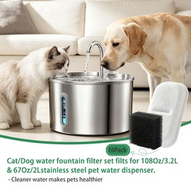 Cat Water Fountain Filter Set – 16 Carbon Filters & 16 Foam Sponges, Replacement for 108Oz/3.2L 67Oz/2L Stainless Steel Pet Water Dispenser,Kitty Spout Pump Filters,Promotes Hydration for Dogs Cats