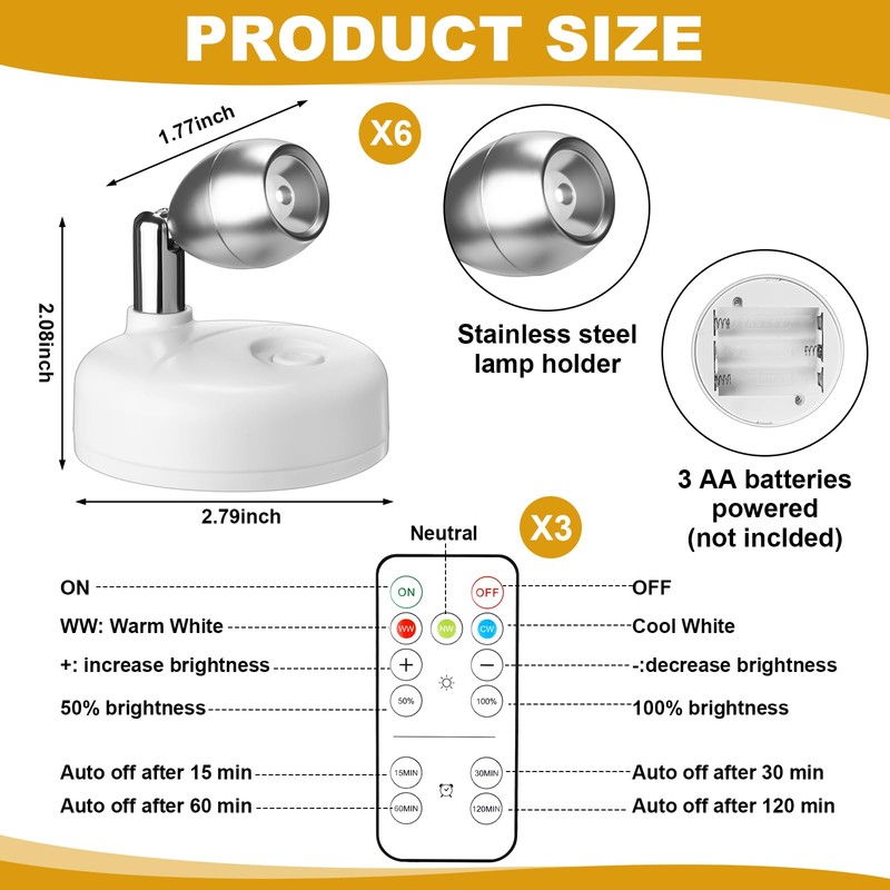 Hortsun 6 Pcs Mini Battery Operated Spotlights with 3 Remote