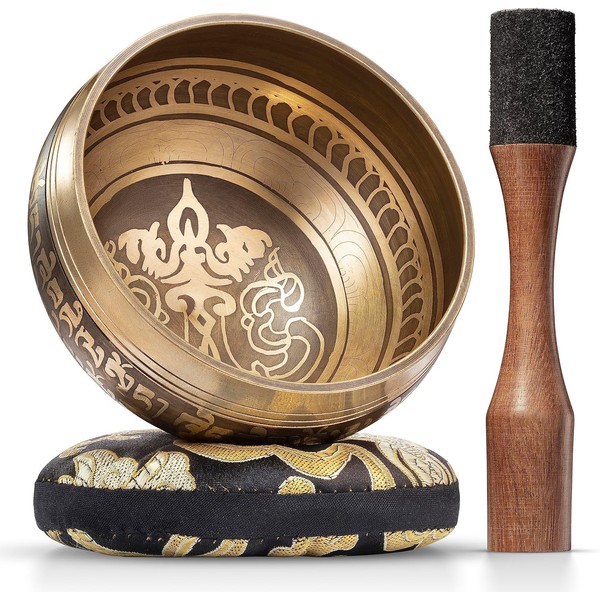 Tibetan Singing Bowl Set - Easy to Play - Creates Beautiful Sound for Holistic Healing, Stress Relief, Meditation & Relaxation - Peace Pattern - Gold Bowl with Black Pillow - Yoga singing bowl
