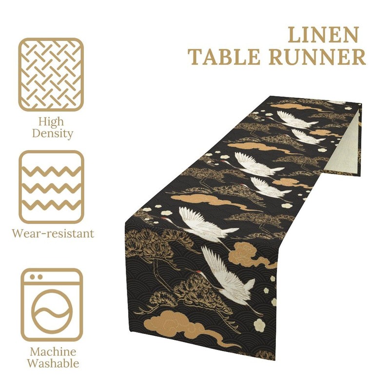 Crane Table Runner, Vintage Luxury Black Golden Asian Japanese Abstract