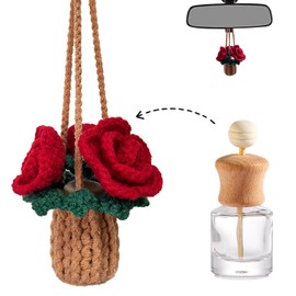 Mevolf Crochet Car Air Freshener Empty Refillable Car Diffuser Bottle with Cute Potted Plants Car Mirror Hanging Accessories Long Lasting Car Air Hanging Fragrance Oil Diffuser