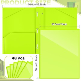 Henoyso 48 Pcs Heavy Duty Plastic Folder with Clear Front Pocket and 3 Prongs Plastic Folders with Card Slot Pocket Folders with Prongs for Students School Office Class Home(Fluorescent Green)