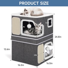 Double Cat Beds for Indoor Cats, 2-Storey Cat House with Large Cozy Hideaways, Dual Purpose Cat Cave Cube with Scratch Pads, Hanging Balls, Foldable Indoor Cat Houses for Multi Cats Kittens Small Pets