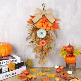 22" Fall Wreaths for Front Door 2 PCS Fall Teardrop Swag with Maple Leaves Pumpkins Berries Ribbon for Indoor Outdoor Farmhouse Home Wall Window Festival Wedding Decor